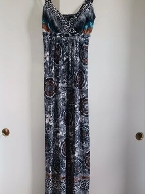 Roulette Gray Maxi Dress with Teal and Brown Accents